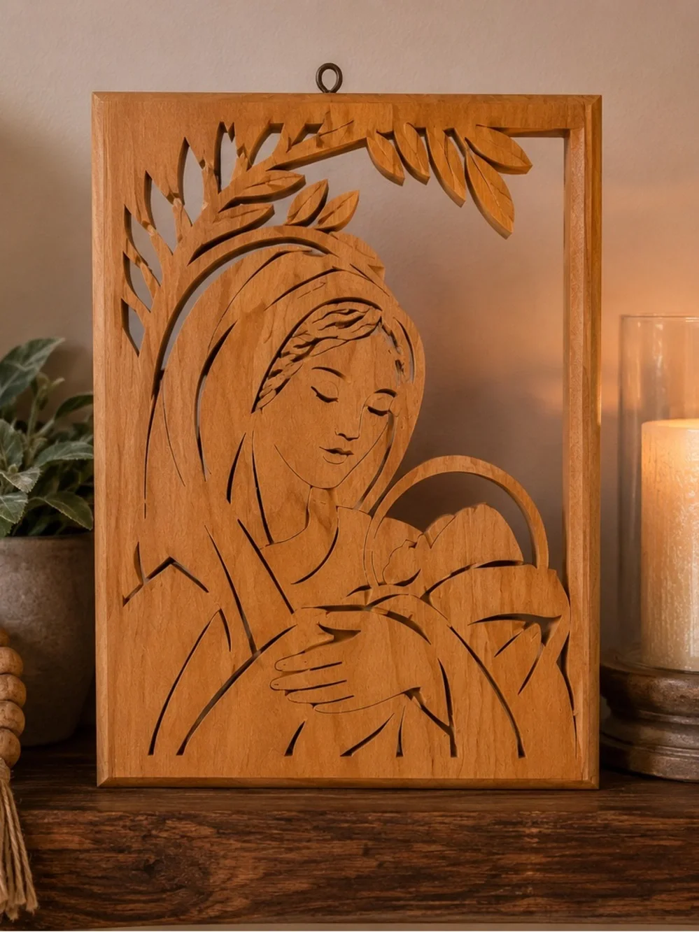 Vintage Hand Carved Madonna & Child Wooden Wall Plaque Signed 1998 Religious Art